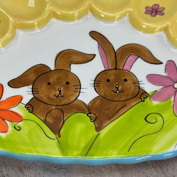 Colorful CRACKER BARREL Ceramic Egg Plate Bunny Flowers 'SPRING HAS SPRUNG' 13" - Picture 2 of 7